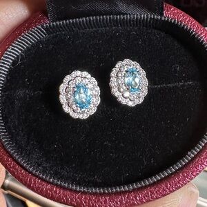 Elegant Genuine Diamond and Blue Topaz and Sterling Silver Stud Earrings